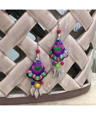 Women Traditional Silver Plated Oxidised Lightweight Multi-Color Embroidery Floral & Owl Beads Hook Earrings Jewellery 1