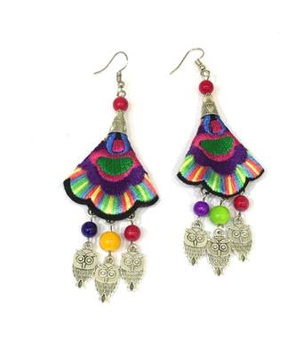 Women Traditional Silver Plated Oxidised Lightweight Multi-Color Embroidery Floral & Owl Beads Hook Earrings Jewellery 2