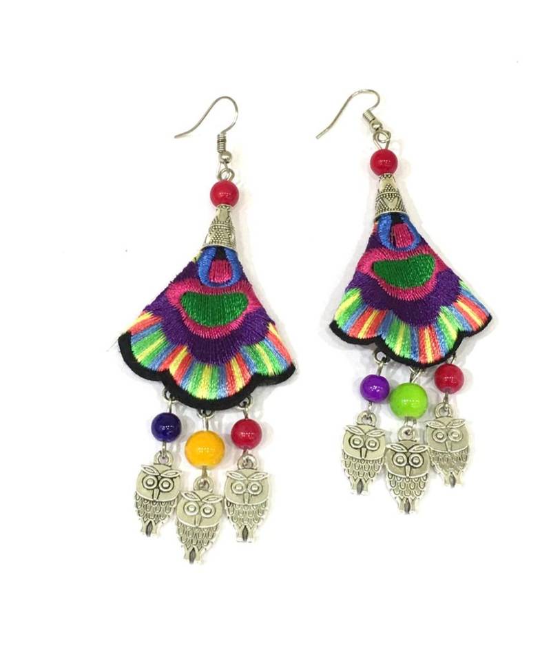 Women Traditional Silver Plated Oxidised Lightweight Multi-Color Embroidery Floral & Owl Beads Hook Earrings Jewellery