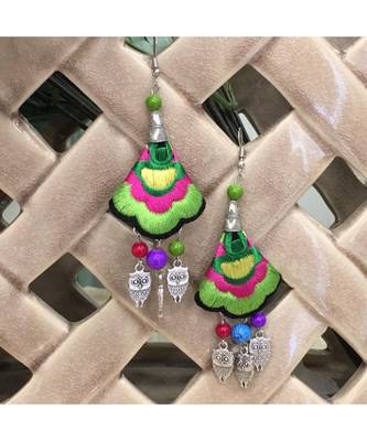 Women Traditional Silver Plated Oxidised Lightweight Multi-Color Embroidery Floral & Owl Beads Hook Earrings Jewellery 1