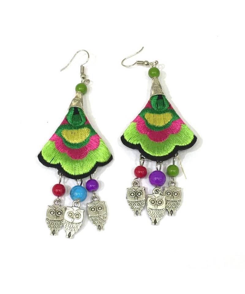 Women Traditional Silver Plated Oxidised Lightweight Multi-Color Embroidery Floral & Owl Beads Hook Earrings Jewellery