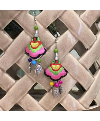 Women Traditional Silver Plated Oxidised Lightweight Multi-Color Embroidery Floral & Owl Beads Hook Earrings Jewellery 1