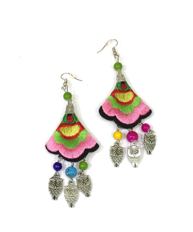 Women Traditional Silver Plated Oxidised Lightweight Multi-Color Embroidery Floral & Owl Beads Hook Earrings Jewellery