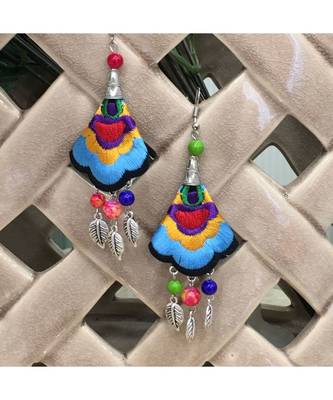 Women Traditional Silver Plated Oxidised Lightweight Multi-Color Embroidery Floral & Leaf Beads Hook Earrings Jewellery 1