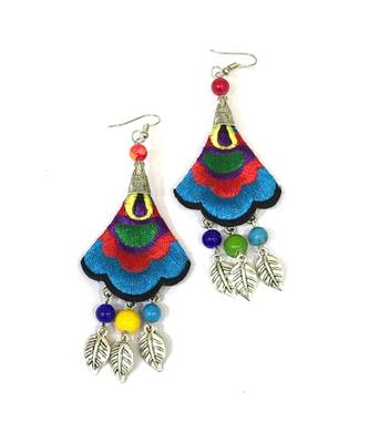Women Traditional Silver Plated Oxidised Lightweight Multi-Color Embroidery Floral & Leaf Beads Hook Earrings Jewellery 2