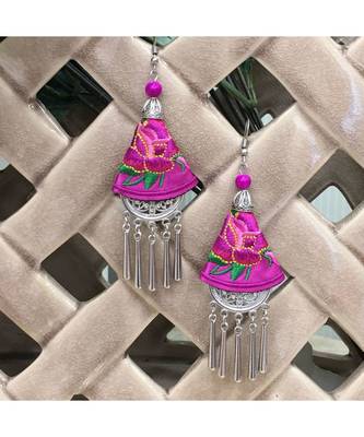 Women Traditional Silver Plated Oxidised Lightweight Multi-Color Embroidery Floral And Beads Hook Earrings Jewellery 1