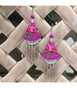Women Traditional Silver Plated Oxidised Lightweight Multi-Color Embroidery Floral And Beads Hook Earrings Jewellery