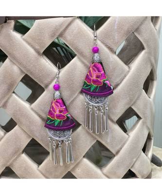 Women Traditional Silver Plated Oxidised Lightweight Multi-Color Embroidery Floral And Beads Hook Earrings Jewellery 1