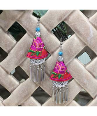 Women Traditional Silver Plated Oxidised Lightweight Multi-Color Embroidery Floral And Beads Hook Earrings Jewellery 1