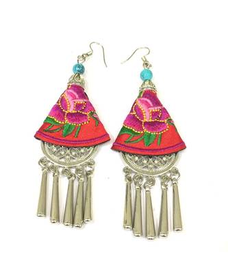 Women Traditional Silver Plated Oxidised Lightweight Multi-Color Embroidery Floral And Beads Hook Earrings Jewellery 2