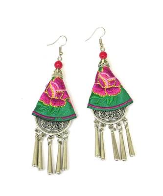 Women Traditional Silver Plated Oxidised Lightweight Multi-Color Embroidery Floral And Beads Hook Earrings Jewellery 1