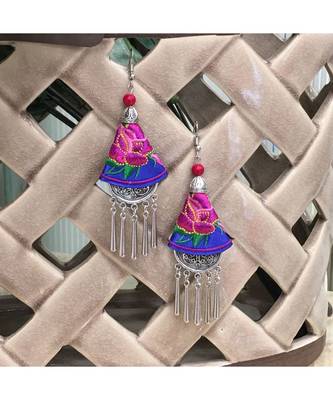 Women Traditional Silver Plated Oxidised Lightweight Multi-Color Embroidery Floral And Beads Hook Earrings Jewellery 1