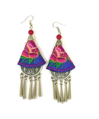 Women Traditional Silver Plated Oxidised Lightweight Multi-Color Embroidery Floral And Beads Hook Earrings Jewellery 2