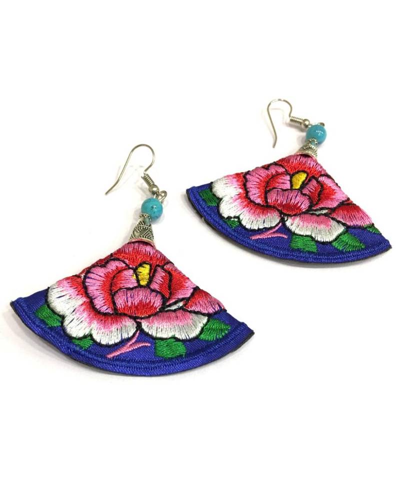 Women Traditional Silver Plated Oxidised Lightweight Multi-Color Embroidery Floral And Beads Hook Earrings Jewellery