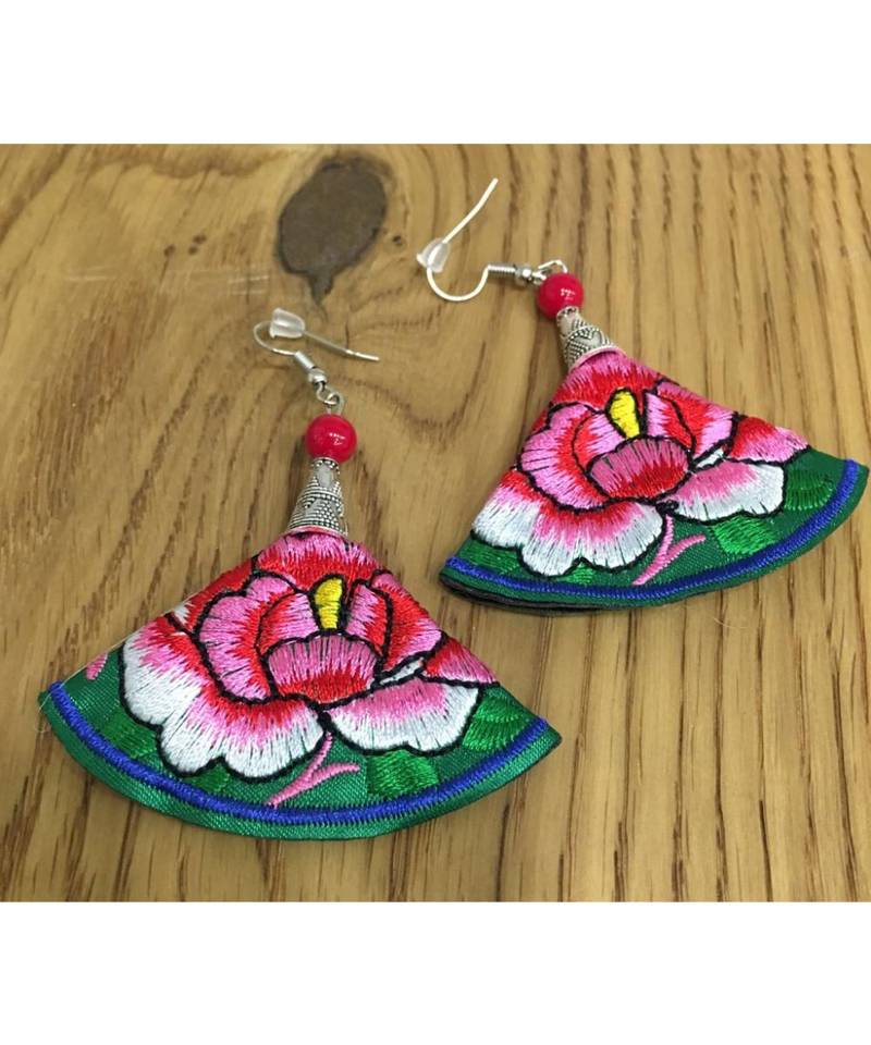 Women Traditional Silver Plated Oxidised Lightweight Multi-Color Embroidery Floral And Beads Hook Earrings Jewellery