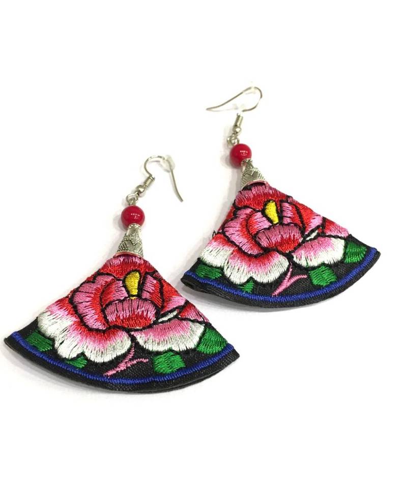 Women Traditional Silver Plated Oxidised Lightweight Multi-Color Embroidery Floral And Beads Hook Earrings Jewellery