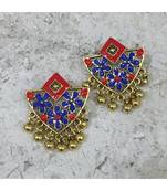 Women Traditional Jewellery Gold Plated Oxidised Alloy Stud Earrings Blue & Red Floral Enamel Work Ghungroo Earrings
