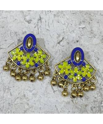 Women Traditional Jewellery Gold Plated Oxidised Alloy Stud Earrings Blue Floral Enamel Work Ghungroo Earrings 1