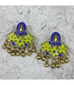 Women Traditional Jewellery Gold Plated Oxidised Alloy Stud Earrings Blue Floral Enamel Work Ghungroo Earrings