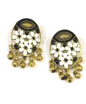 Women Traditional Jewellery Gold Plated Oxidised Alloy Stud Earrings White Floral Enamel Work Ghungroo Earrings 1