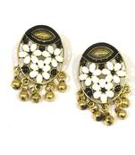 Women Traditional Jewellery Gold Plated Oxidised Alloy Stud Earrings White Floral Enamel Work Ghungroo Earrings