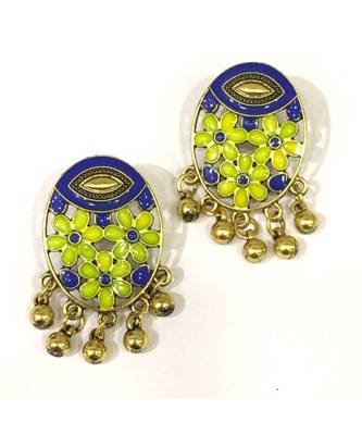 Women Traditional Jewellery Gold Plated Oxidised Alloy Stud Earrings Blue Floral Enamel Work Ghungroo Earrings 1