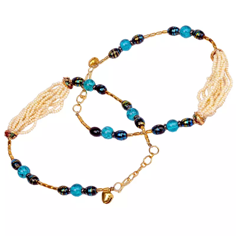 White N Blue Designer Jaipuri Brass Payal Anklet