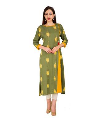 yellow  printed Rayon stitched kurti 1