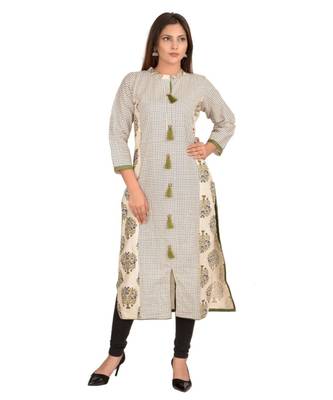 beige printed Cotton stitched kurti 1