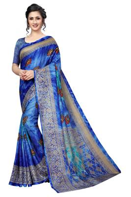 Blue printed silk saree with blouse 1