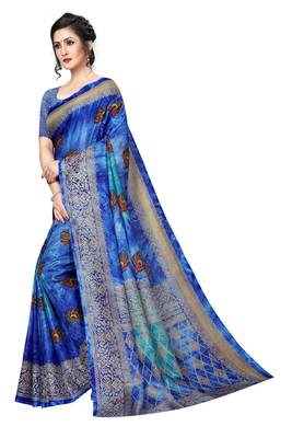 Blue printed silk saree with blouse 2