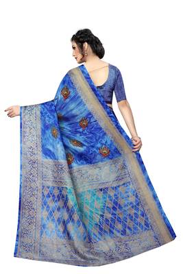 Blue printed silk saree with blouse 3