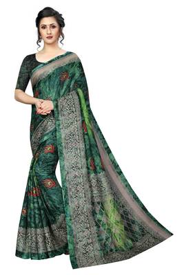 Green printed silk saree with blouse 1