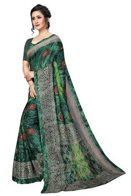 Green printed silk saree with blouse 2