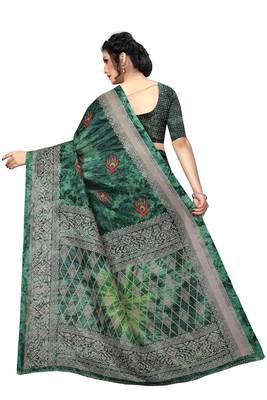 Green printed silk saree with blouse 3