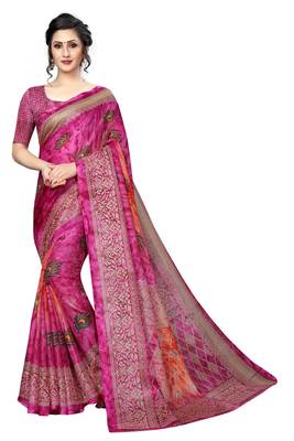 Pink printed silk saree with blouse 1