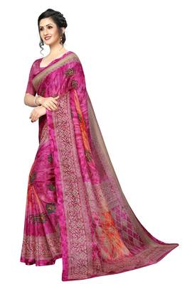 Pink printed silk saree with blouse 2