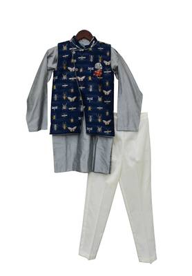 Grey Kurta with Printed Nehru Jacket Set 1