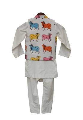 White Printed Nehru Jacket with White Cowl Kurta and Churidar 2