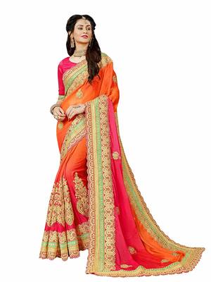 Orange embroidered georgette saree with blouse 2