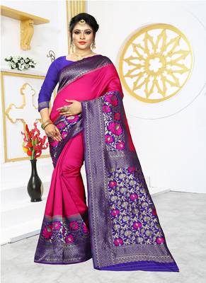 Rani pink woven banarasi silk saree with blouse 1
