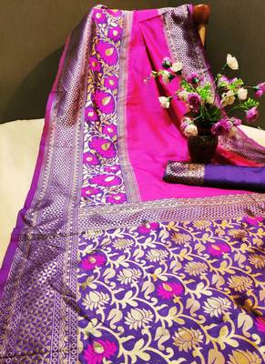 Rani pink woven banarasi silk saree with blouse 2