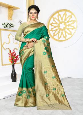 Green woven banarasi silk saree with blouse 1