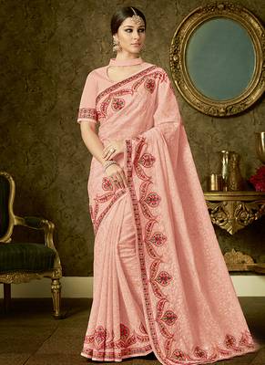 Peach embroidered organza saree with blouse 1
