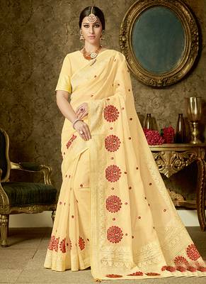 Yellow embroidered organza saree with blouse 1