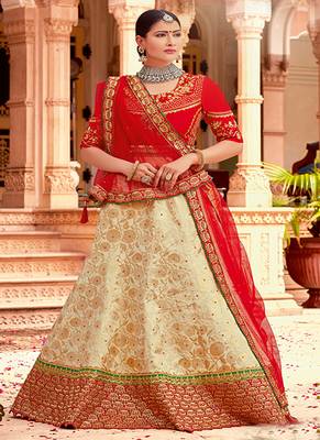 Beige embroidered jacquard semi stitched lehenga 1