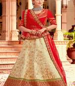 Beige embroidered jacquard semi stitched lehenga