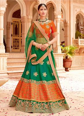 Green embroidered jacquard semi stitched lehenga 1