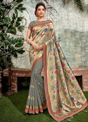 Grey woven silk blend saree with blouse 1
