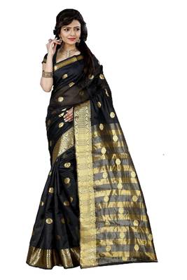 Kimisha Women's Black Cotton Woven Saree With Jacquard Work & Designer Pallu 1
